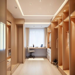 Square room interior design, 250cm by 295cm, as a dressing and study room, with closet on right, desk under window on front wall, and sitting area on the left, well-lit, modern style.