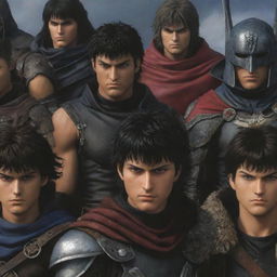 Improve the realism in the previous Berserk Anime image and add all characters from the Band of the Falcon. Emphasize lifelike textures, accurate character likenesses, and dynamic group interaction.