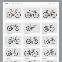 Generate an image depicting a user-friendly online bike shop interface, showing a variety of bicycles, gear, and accessories neatly organized in various categories, with a smooth and sleek design.