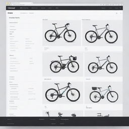 Generate an image depicting a user-friendly online bike shop interface, showing a variety of bicycles, gear, and accessories neatly organized in various categories, with a smooth and sleek design.