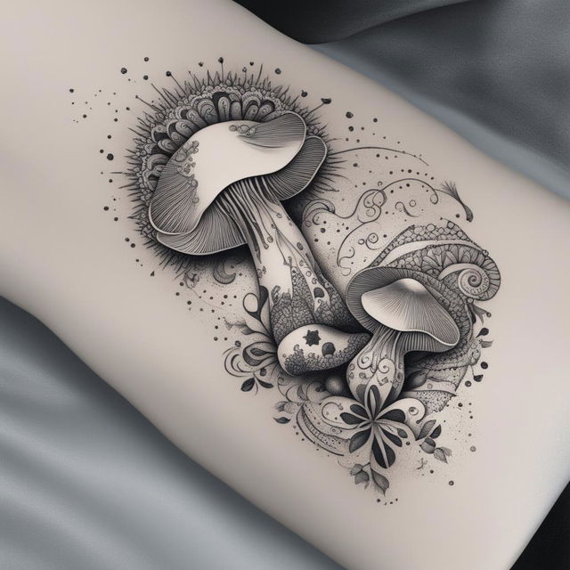 This is a black and white illustrative tattoo design featuring an abstract psychedelic mushroom