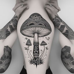 This is a black and white illustrative tattoo design featuring an abstract psychedelic mushroom