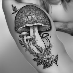 This is a black and white illustrative tattoo design featuring an abstract psychedelic mushroom