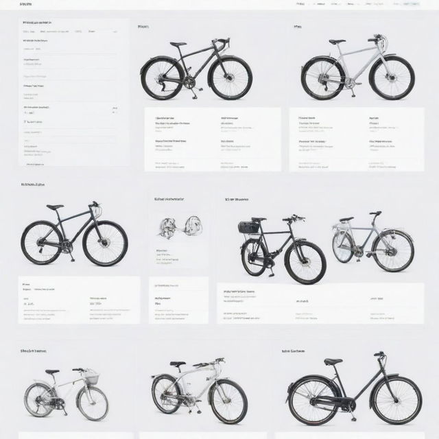 Generate an image depicting a user-friendly online bike shop interface, showing a variety of bicycles, gear, and accessories neatly organized in various categories, with a smooth and sleek design.