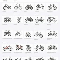 Generate an image depicting a user-friendly online bike shop interface, showing a variety of bicycles, gear, and accessories neatly organized in various categories, with a smooth and sleek design.