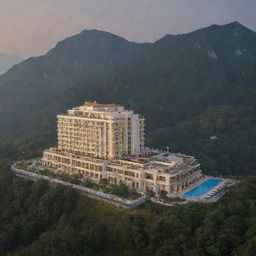 A 1400-meter luxurious hotel seen from a distant perspective, capturing the exterior beauty and grandeur.