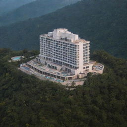 A 1400-meter luxurious hotel seen from a distant perspective, capturing the exterior beauty and grandeur.