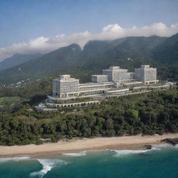 A 1400-meter luxurious hotel seen from a distant perspective, capturing the exterior beauty and grandeur.