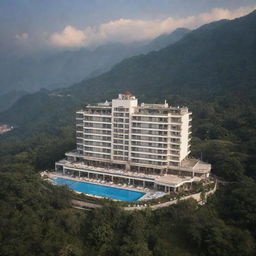 A 1400-meter luxurious hotel seen from a distant perspective, capturing the exterior beauty and grandeur.