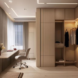 Square room interior design, 250cm by 295cm, as a dressing and study room, with closet on right, desk under window on front wall, and sitting area on the left, well-lit, modern style.