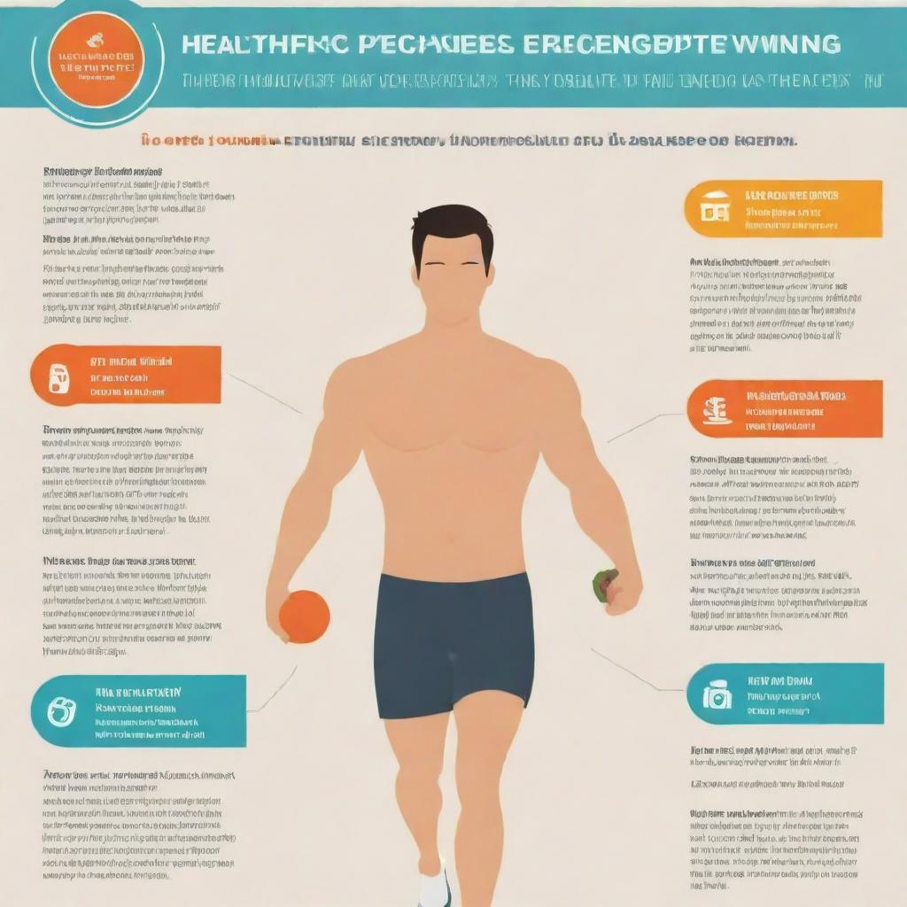 Create a detailed infographic showing tips for healthy living, including exercise, balanced diet, adequate sleep and mental wellness.