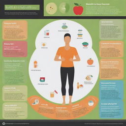 Create a detailed infographic showing tips for healthy living, including exercise, balanced diet, adequate sleep and mental wellness.