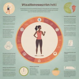 Create a detailed infographic showing tips for healthy living, including exercise, balanced diet, adequate sleep and mental wellness.