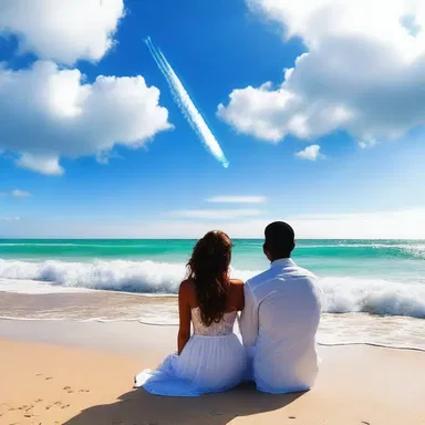 As they sat on the beach, the couple watched the blue jet shoot up into the sky, feeling its beauty mirrored in their love.