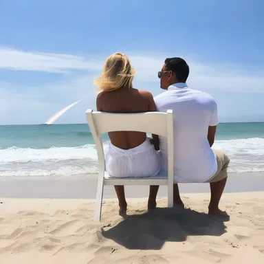 As they sat on the beach, the couple watched the blue jet shoot up into the sky, feeling its beauty mirrored in their love.