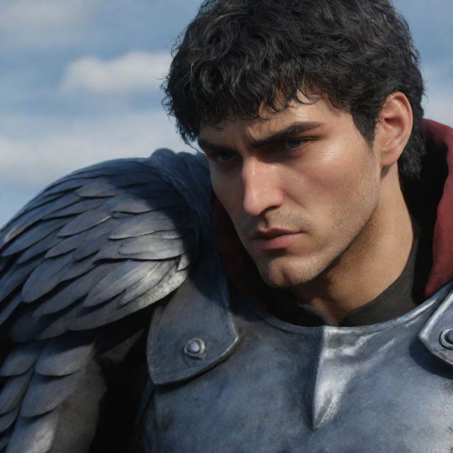 Further enhance the realism in the previously generated Berserk Anime image. Include all Band of the Falcon characters, with a special emphasis on Griffith and Sansa. Focus on lifelike textures, accurate character depiction, and expressive interactions.