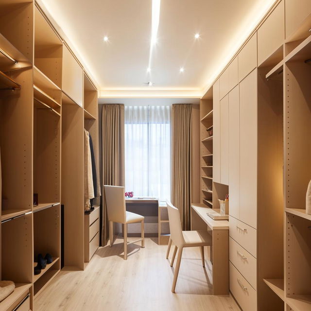 Square room interior design, 250cm by 295cm, as a dressing and study room, with closet on right, desk under window on front wall, and sitting area on the left, well-lit, modern style.