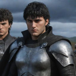 Further enhance the realism in the previously generated Berserk Anime image. Include all Band of the Falcon characters, with a special emphasis on Griffith and Sansa. Focus on lifelike textures, accurate character depiction, and expressive interactions.