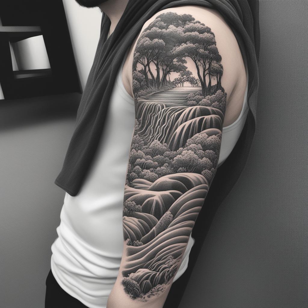 This is a black and white illustrative tattoo design of a waterfall, perfect for an arm tattoo