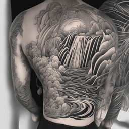 This is a black and white illustrative tattoo design of a waterfall, perfect for an arm tattoo