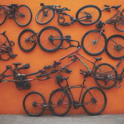 Create a captivating cover photo for an online bike shop, showing an array of high-quality bicycles and gear in an appealing arrangement and vibrant colors.