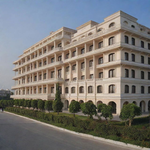 A distant view of the exterior of a two-story, 1400-meter hotel, showcasing its magnificent structure and design.