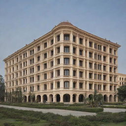 A distant view of the exterior of a two-story, 1400-meter hotel, showcasing its magnificent structure and design.