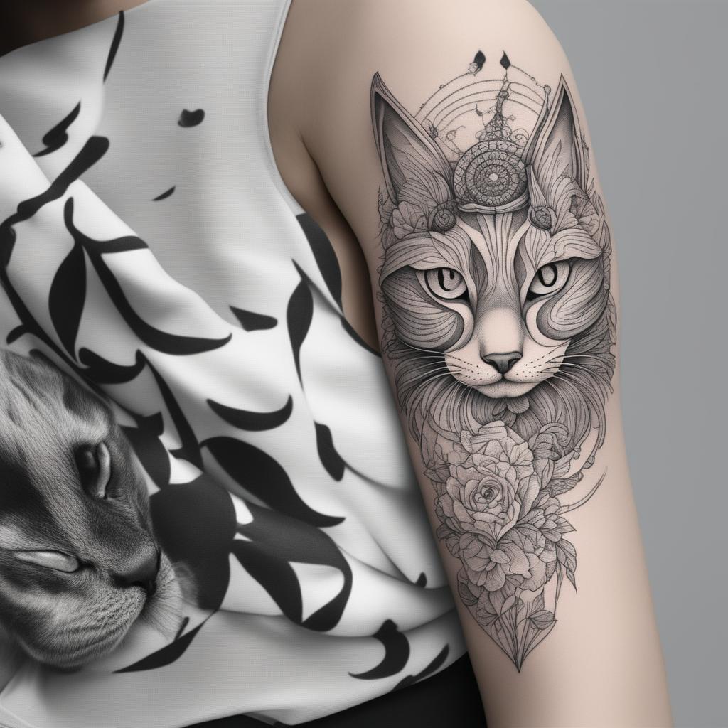 This is a black and white illustrative tattoo design of a cat, perfect for an arm tattoo