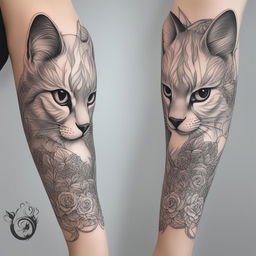 This is a black and white illustrative tattoo design of a cat, perfect for an arm tattoo