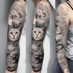 This is a black and white illustrative tattoo design of a cat, perfect for an arm tattoo