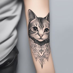 This is a black and white illustrative tattoo design of a cat, perfect for an arm tattoo