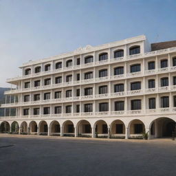 A distant view of the exterior of a two-story, 1400-meter hotel, showcasing its magnificent structure and design.