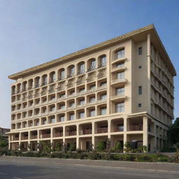 A distant view of the exterior of a two-story, 1400-meter hotel, showcasing its magnificent structure and design.