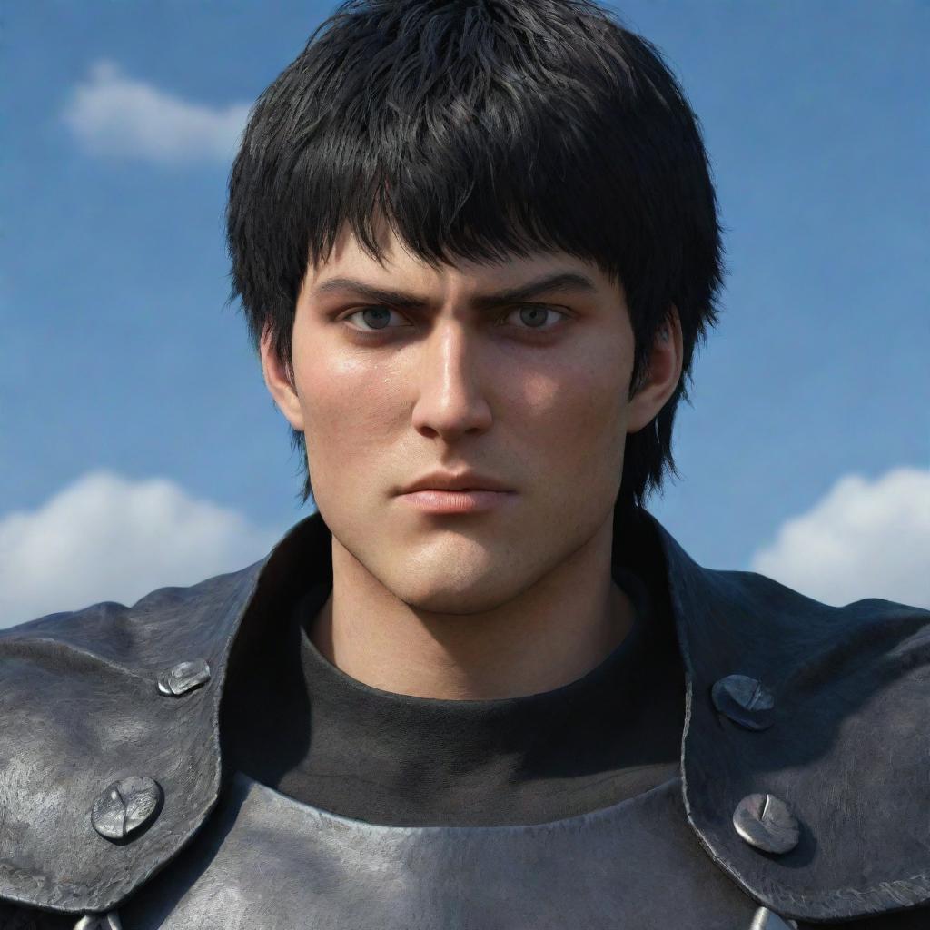 Generate a hyper-realistic image of Berserk anime featuring the entire Band of the Falcon, and particularly Griffith and Sans. The focus is on highly detailed character likenesses, 3D textures and dynamic interaction.