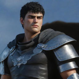 Generate a hyper-realistic image of Berserk anime featuring the entire Band of the Falcon, and particularly Griffith and Sans. The focus is on highly detailed character likenesses, 3D textures and dynamic interaction.