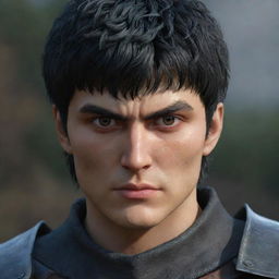 Generate a hyper-realistic image of Berserk anime featuring the entire Band of the Falcon, and particularly Griffith and Sans. The focus is on highly detailed character likenesses, 3D textures and dynamic interaction.