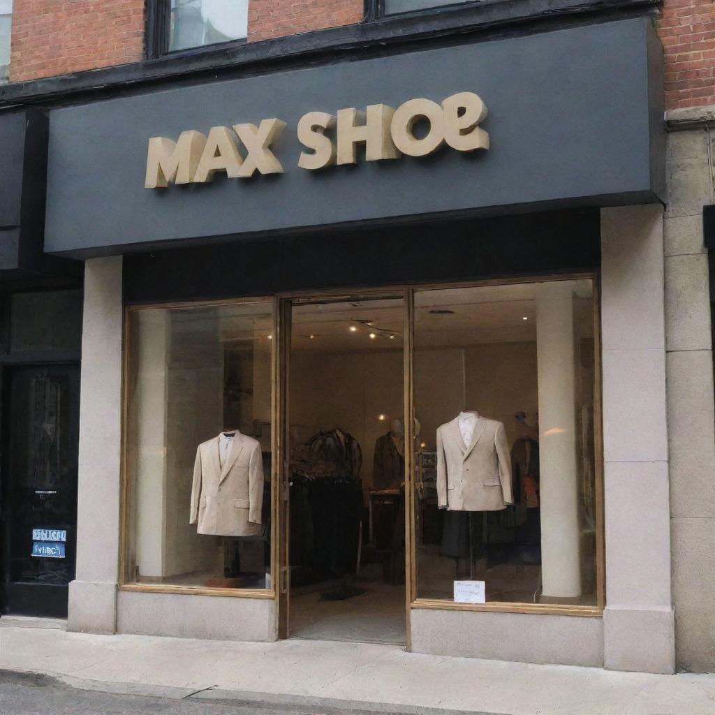 A modern men's costume shop with the name MAXO prominently displayed on the storefront