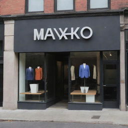 A modern men's costume shop with the name MAXO prominently displayed on the storefront