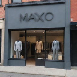 A modern men's costume shop with the name MAXO prominently displayed on the storefront