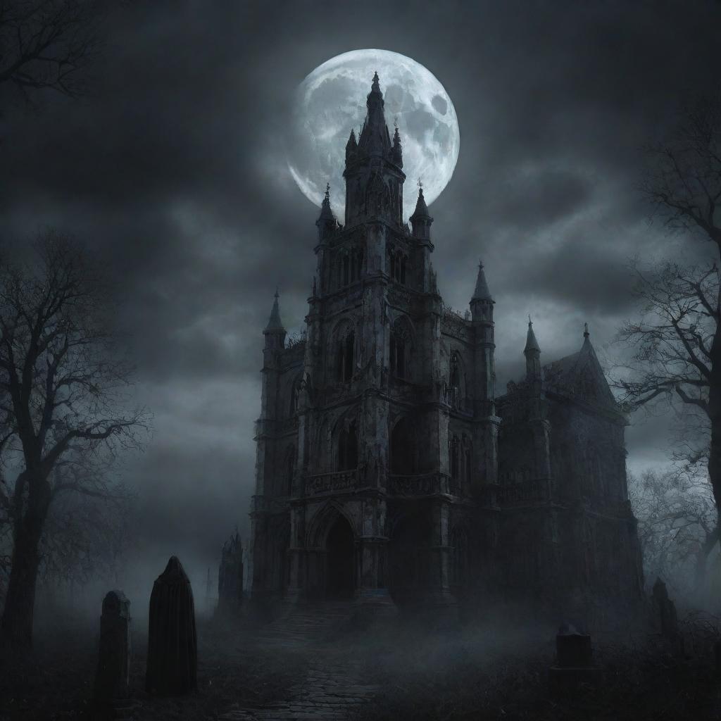 Generate an image depicting a hauntingly beautiful, yet eerie gothic scene, filled with shadowy figures, ancient architecture, and cloudy moonlit sky amplifying the creepy atmosphere.