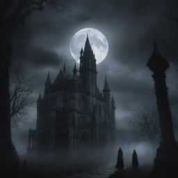 Generate an image depicting a hauntingly beautiful, yet eerie gothic scene, filled with shadowy figures, ancient architecture, and cloudy moonlit sky amplifying the creepy atmosphere.