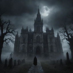 Generate an image depicting a hauntingly beautiful, yet eerie gothic scene, filled with shadowy figures, ancient architecture, and cloudy moonlit sky amplifying the creepy atmosphere.