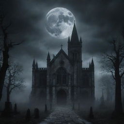 Generate an image depicting a hauntingly beautiful, yet eerie gothic scene, filled with shadowy figures, ancient architecture, and cloudy moonlit sky amplifying the creepy atmosphere.