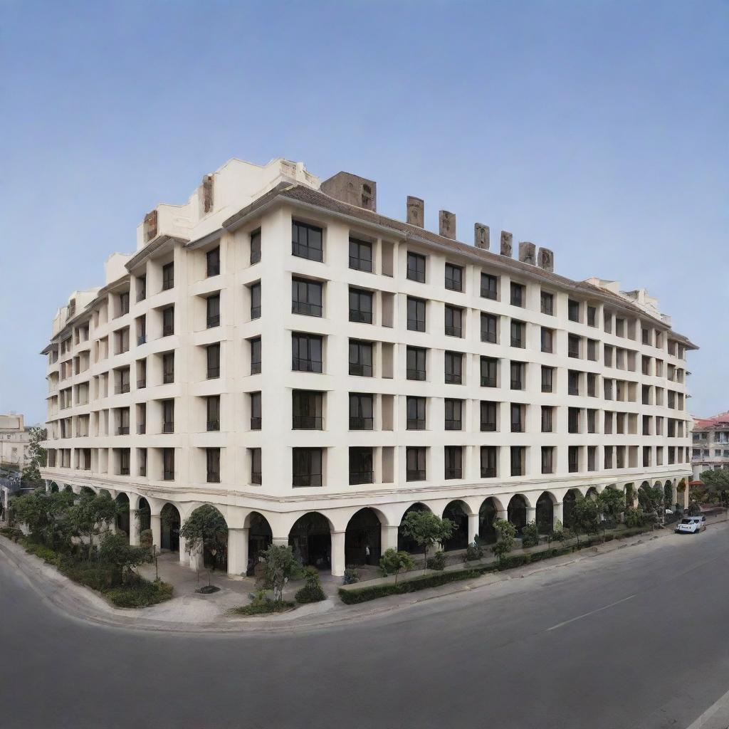 A distant perspective view of a 900-square meter, two-story hotel, highlighting its external architecture and scale.