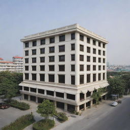 A distant perspective view of a 900-square meter, two-story hotel, highlighting its external architecture and scale.