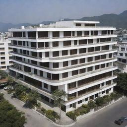 A distant perspective view of a 900-square meter, two-story hotel, highlighting its external architecture and scale.