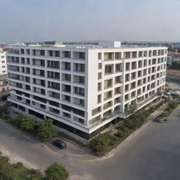 A distant perspective view of a 900-square meter, two-story hotel, highlighting its external architecture and scale.