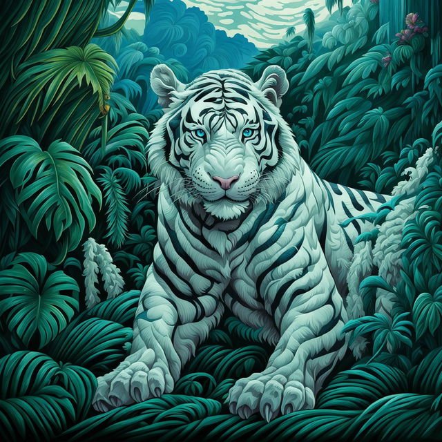 A detailed digital cartoon illustration of a majestic white tiger, set against a vibrant, contrasting backdrop of a lush jungle