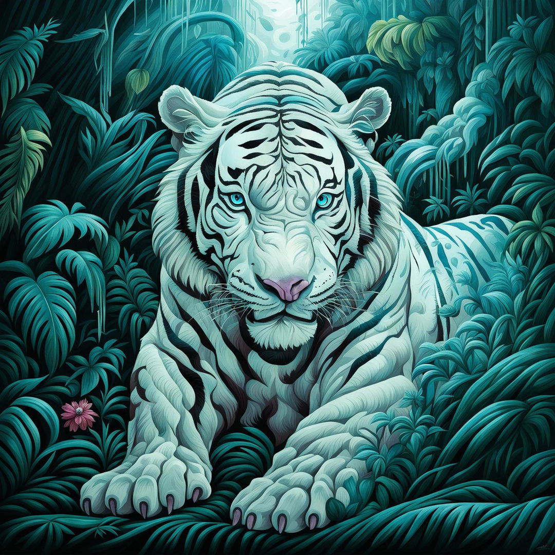 A vibrant, detailed cartoon-style digital illustration of a majestic white tiger, set against a lush jungle backdrop