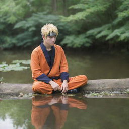 Naruto Uzumaki, a popular anime character, sitting serenely by a small, tranquil pond, his reflection mirrored in the clear water.